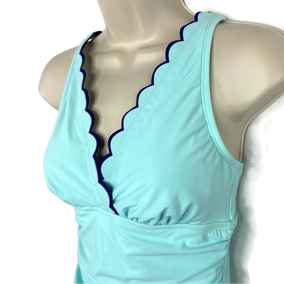 Crown & Ivy Double Scallop One Piece Swimsuit Aqua and Navy Medium - Picture 4 of 7